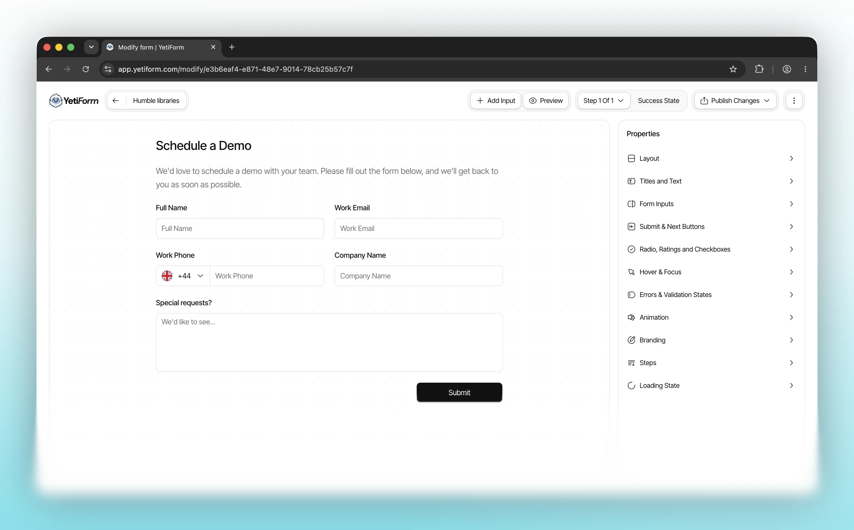 YetiForm editor showing a demo form with a phone country code selector and styling controls