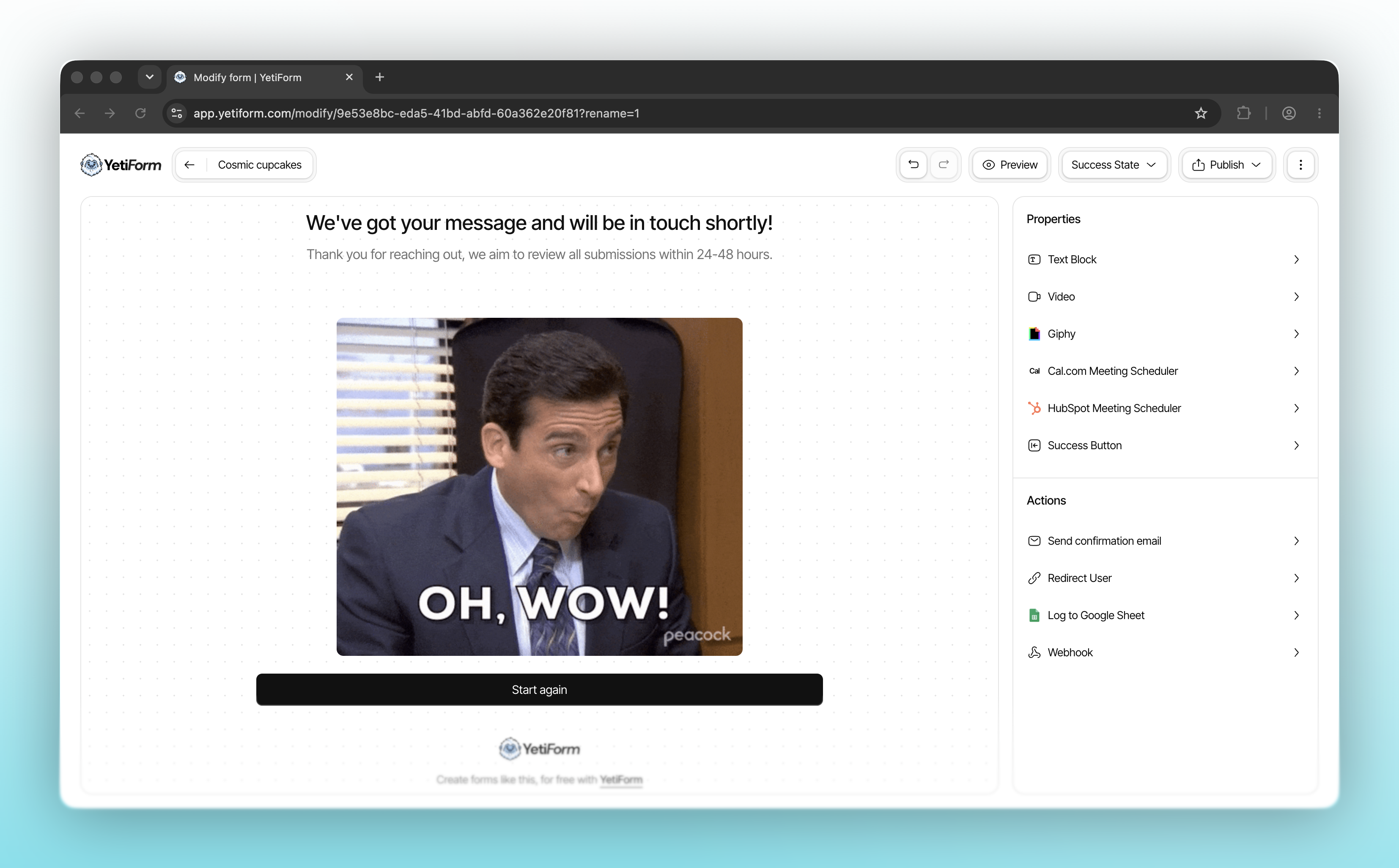 YetiForm editor showing a customized success page and its available submission actions