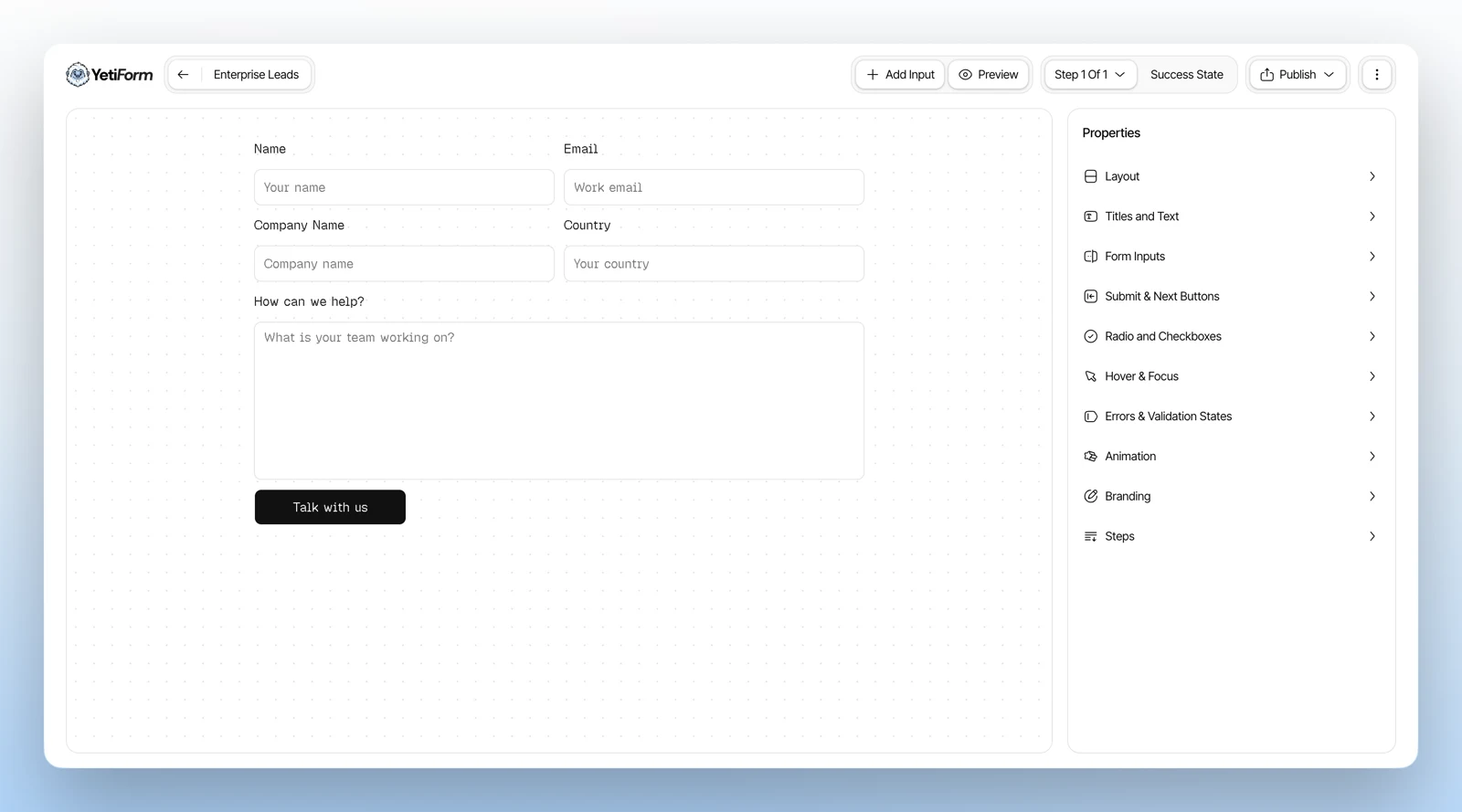 YetiForm builder showing an enterprise leads form and its styling properties